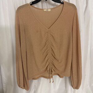 Entro Womens Small Ruched Drawstring Gold Glitter Blouse